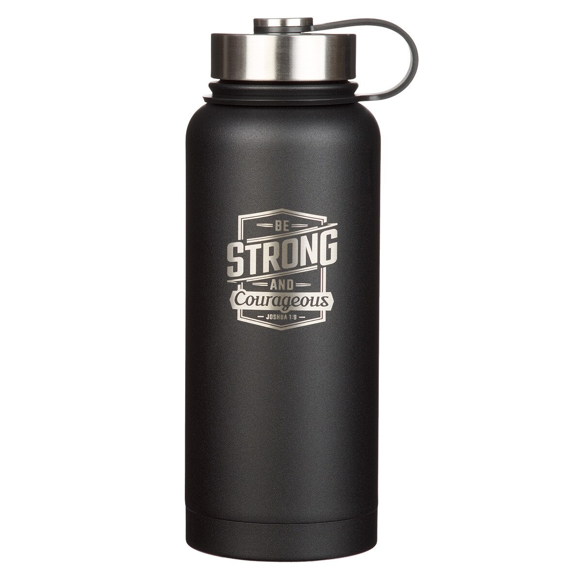 FLS115_1--front Strong and Courageous Black Stainless Steel Water Bottle - Joshua 1:9 - Image 1