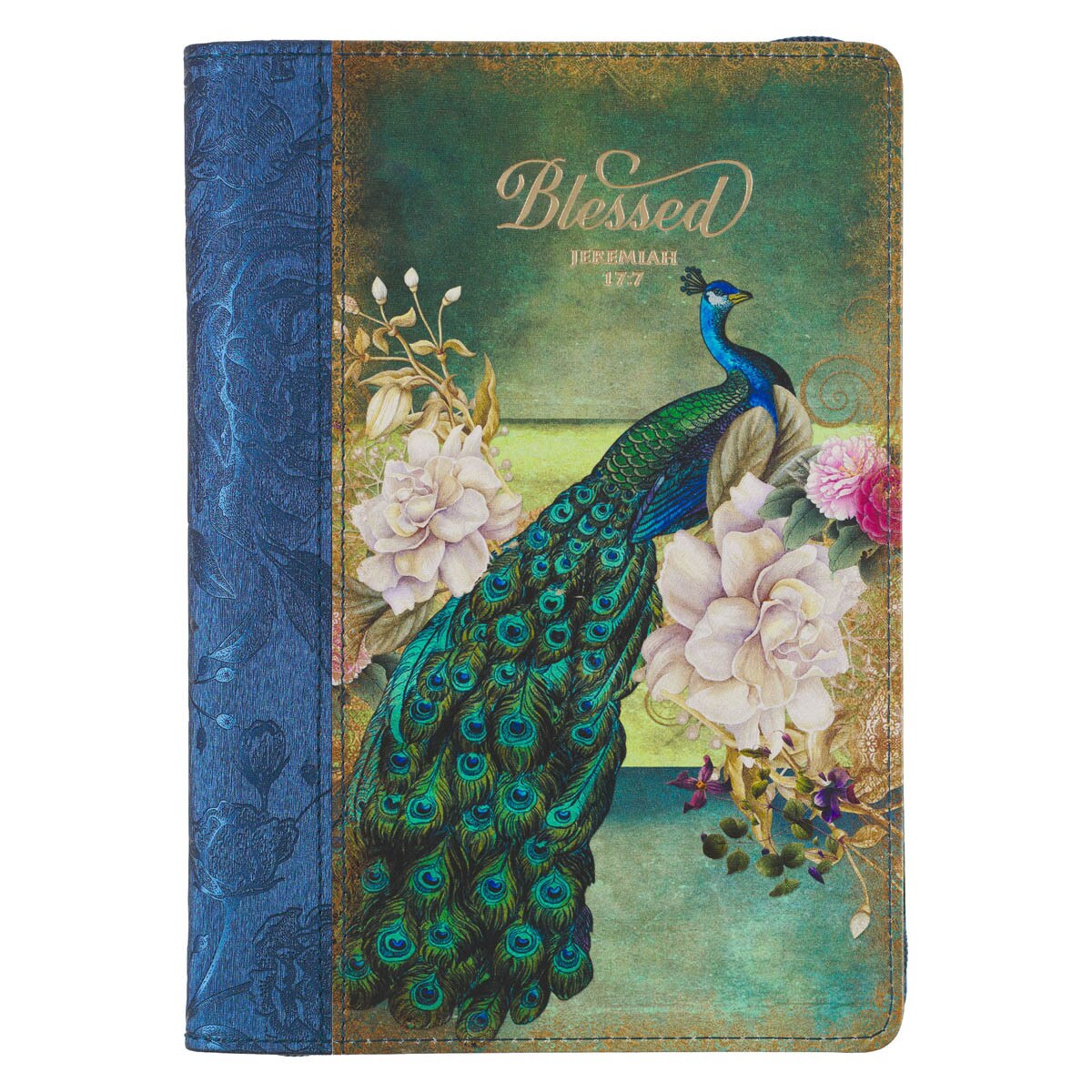 JL588_1--front Blessed Peacock Blue Faux Leather Journal with Zipper Closure - Jeremiah 17:7 - Image 1