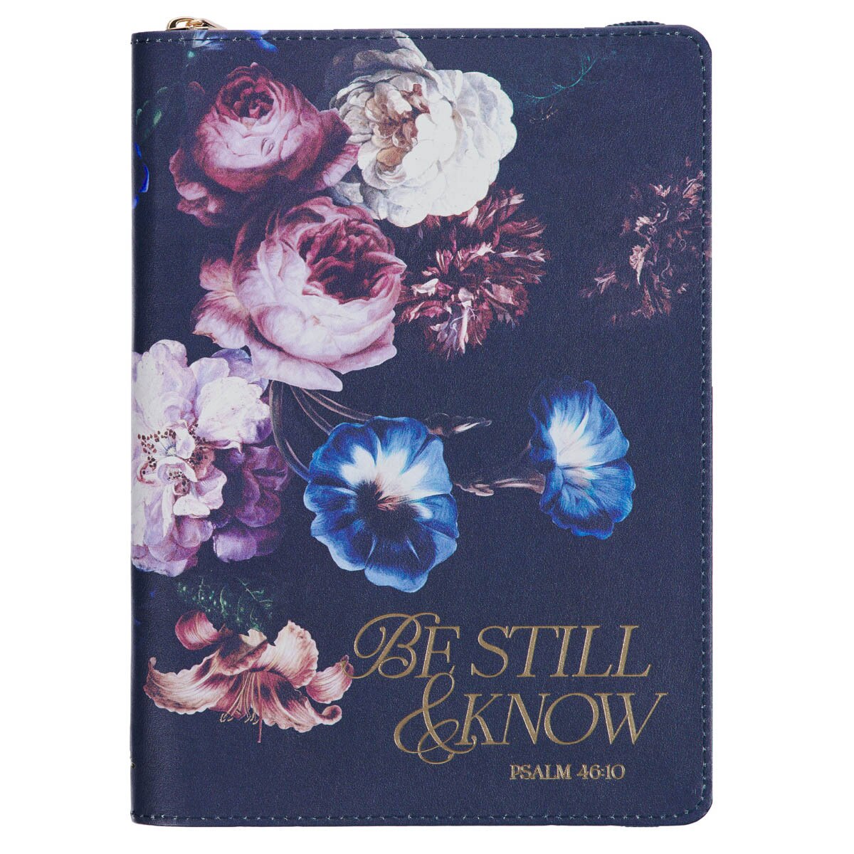 JL729_1--front Be Still and Know Midnight Blue Floral Faux Leather Classic Journal with Zipper Closure - Psalm 46:10 - Image 1