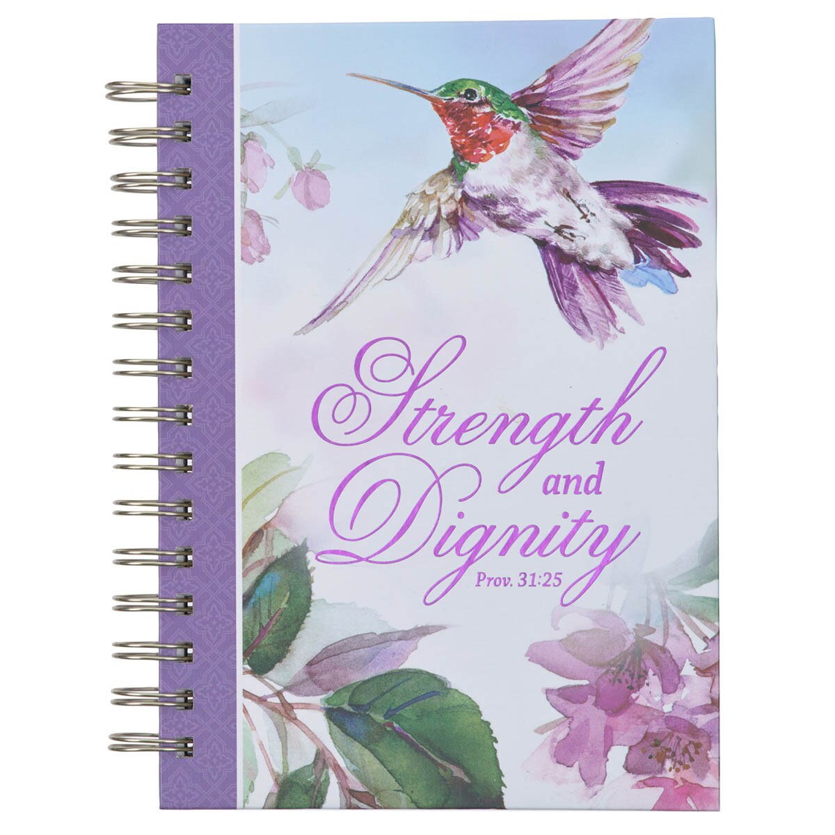 JLW189_1--front Strength and Dignity Purple Hummingbird Large Spiral Journal - Proverbs 31:25 - Image 1