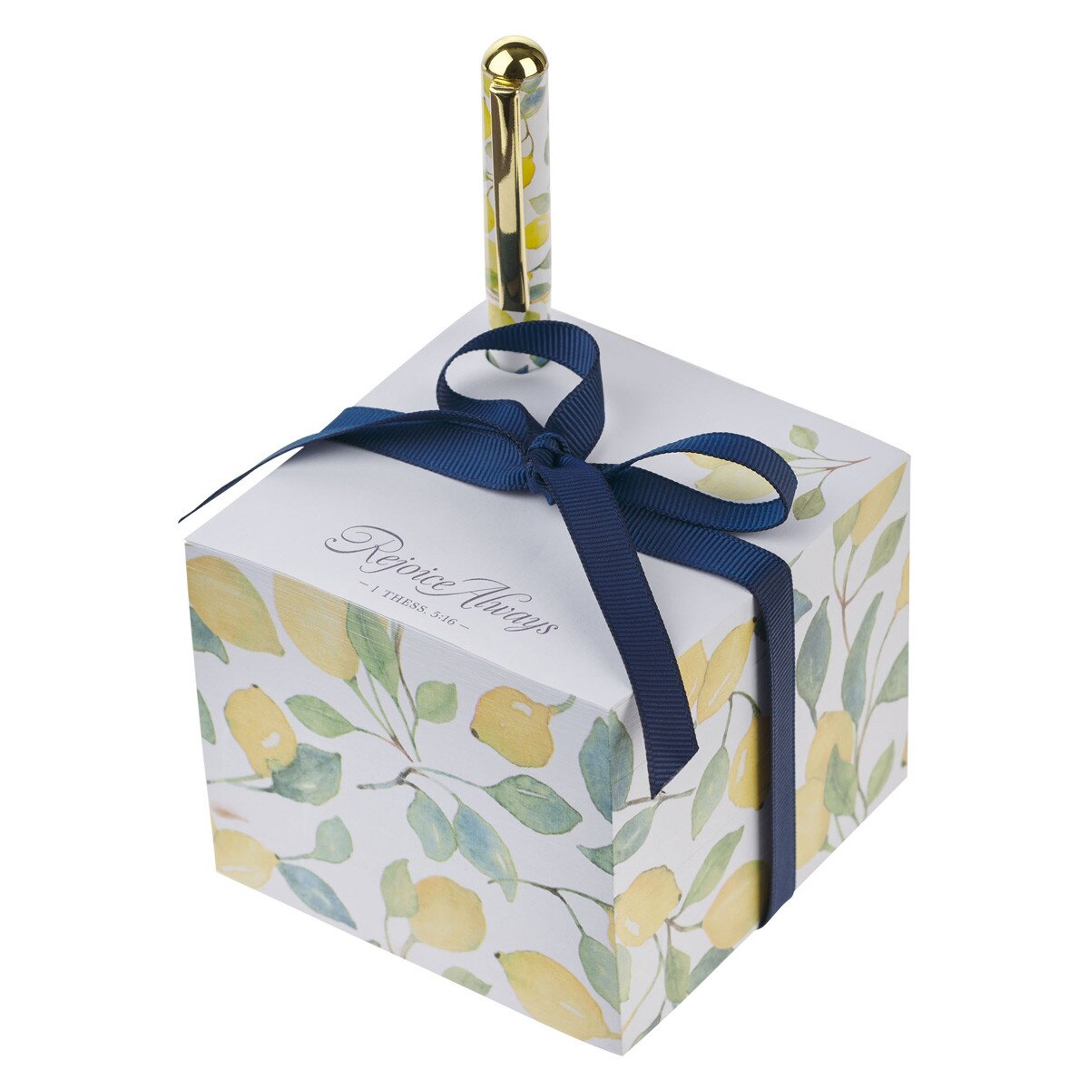 NP085_1--front Rejoice Always Yellow Lemon Note Block with a Pen - 1 Thessalonians 5:16 - Image 1