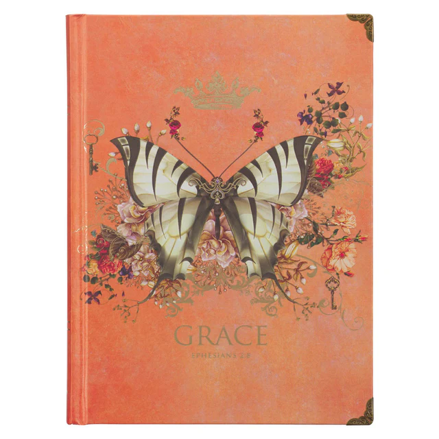 JLH006_1--front Orange Grace Butterfly Hardcover Journal - Ephesians 2:8 - Image 1